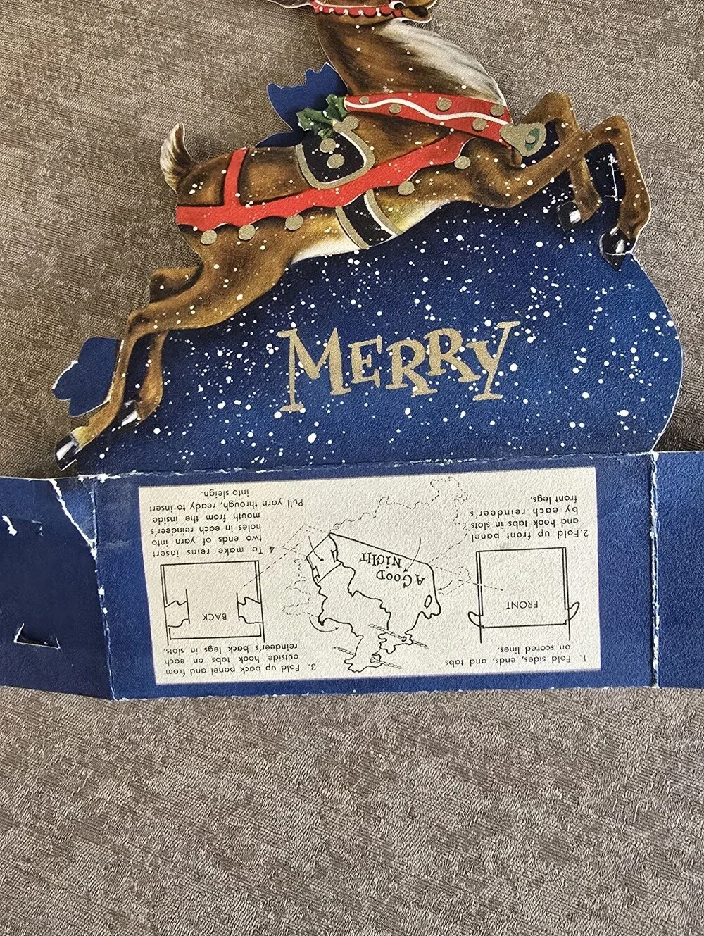 VTG 1954 Hallmark Christmas Sleigh Card Holder 4 pc Die Cut MISSING 1 READ
